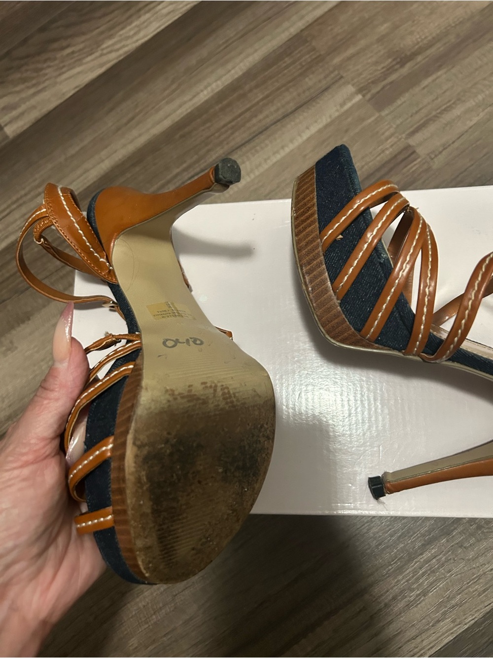 Guess Tan Strappy High Heel Sandals with Blue Insole - Picture 6 of 8
